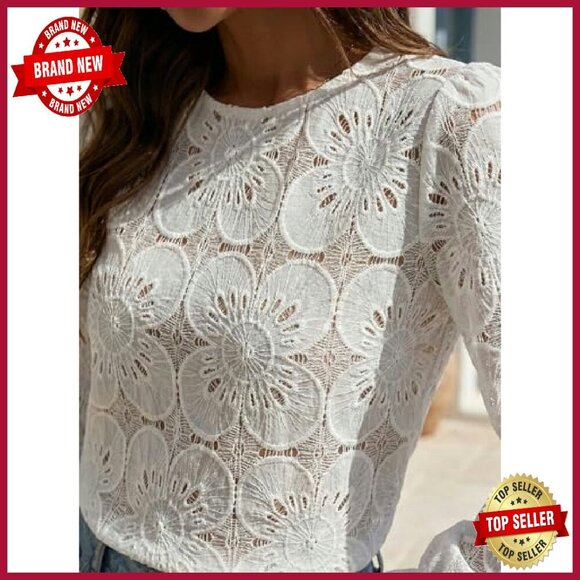 Long Sleeve Eyelet Lace Blouse, Loose Fit, 60% Cotton 40% Nylon - Picture 5 of 8